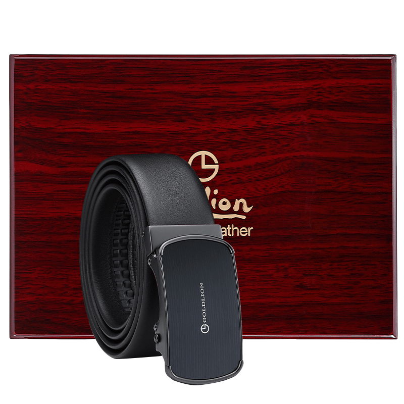 Goldlion Men's Automatic Buckle Belt, Exquisite High-End Wooden Gift Box Packaging, Business Trouser Belt, Birthday Gift