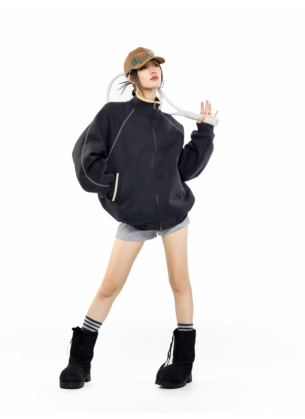 ICH MODE American Style Hassel Corduroy Sports Jacket Women 2026 Spring New Loose Cardigan Sweatshirt Zipper Top Dark Gray XL 47