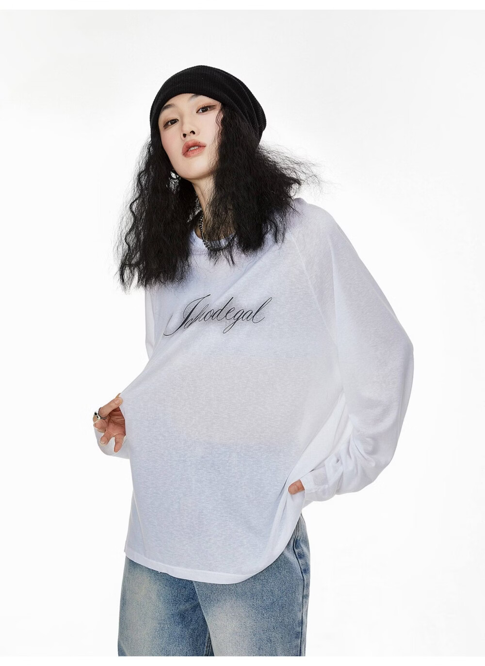 ICH MODE American Style Physical Sunscreen Cooling Loose Long Sleeve T-Shirt Lightweight Lazy Style White S 12