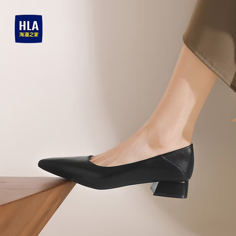 HLA Women's Commuter Comfortable Block Heel Non-Slip Pointed Toe Leather Shoes HDADXW1CCS006 Black Size 40