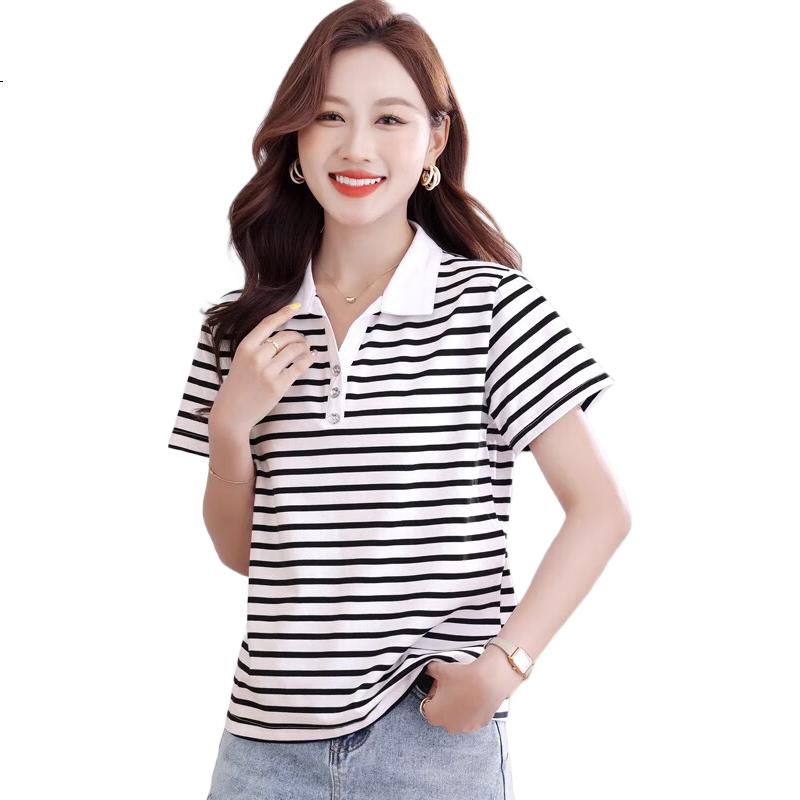Woodpecker Pure Cotton Polo Collar Shoulder Short Sleeve T-Shirt Women Summer Striped Polo Shirt Loose Plus Size Casual Top Caramel XL