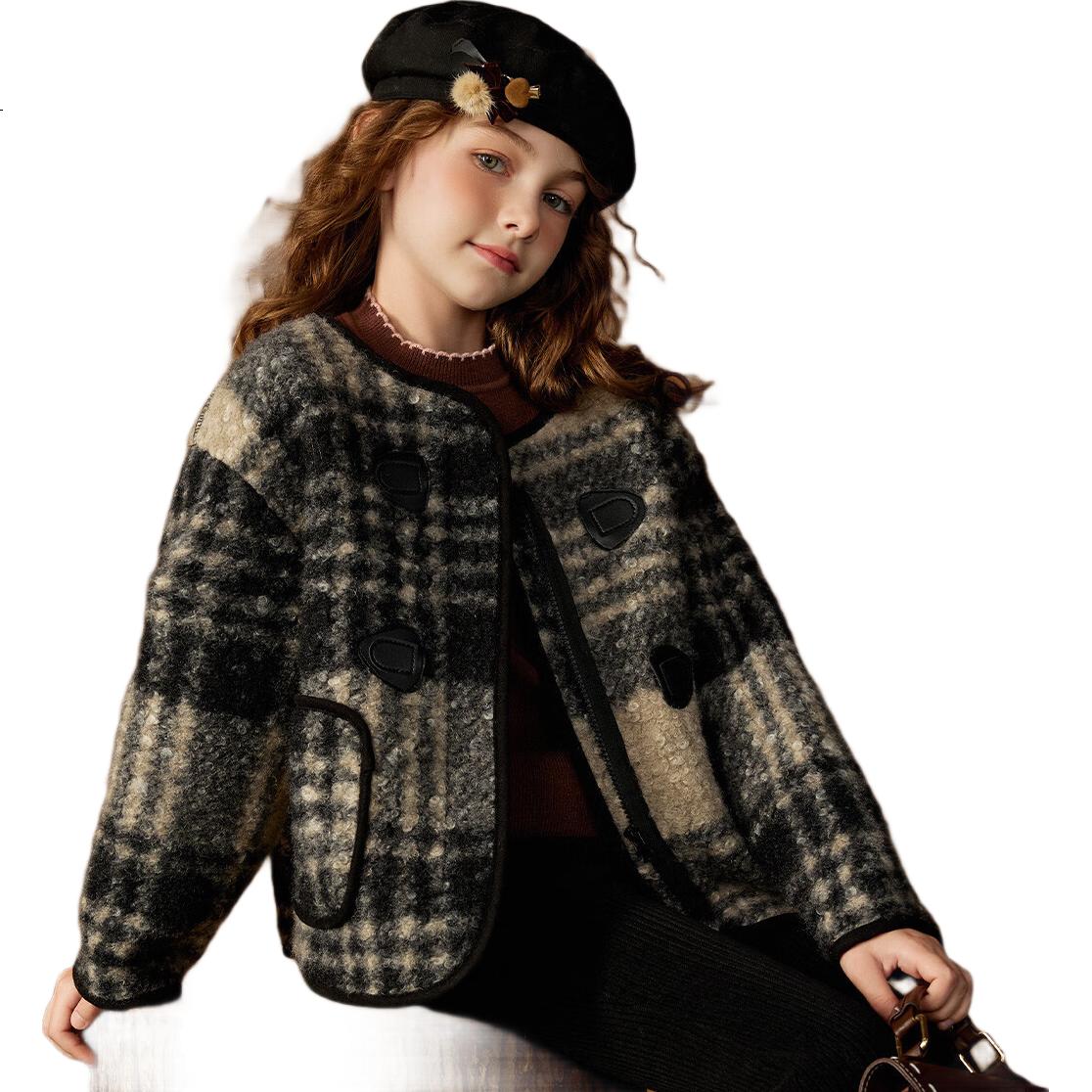 Детское шерстяное пальто ASK JUNIOR в стиле Chanel, ретро клетка, утепленное флисом, для девочек, осень-зима, ветровка, размер 170