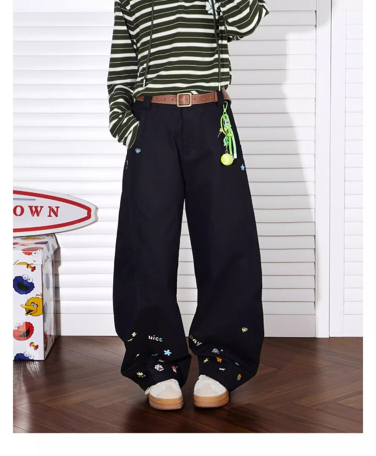 BEETLE TOWN Cartoon Embroidered Casual Pants for Women Spring Autumn 2025 New Loose Wide-Leg Curved Blade Pants Black M 18