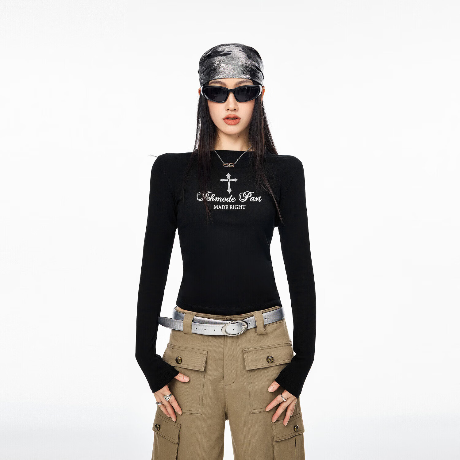 ICH MODE American Style Cross Shoulder Long Sleeve T-Shirt Women Spring Summer New Slim Fit Off-Shoulder Top Black S