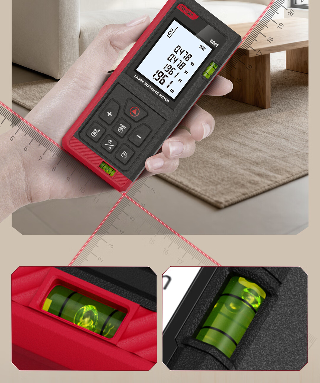 Deli Lithium Battery Voice Laser Rangefinder, High-Precision Infrared Room Measuring Device, Electronic Level Ruler with Dual Horizontal Bubbles, 120 Meters 8