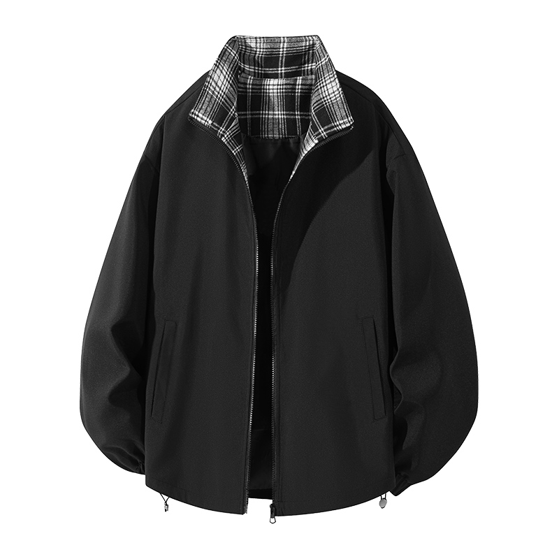 TUCANO Men's Spring Autumn Plaid Jacket Loose Fit Sports Stand Collar Retro Coat Black 2XL