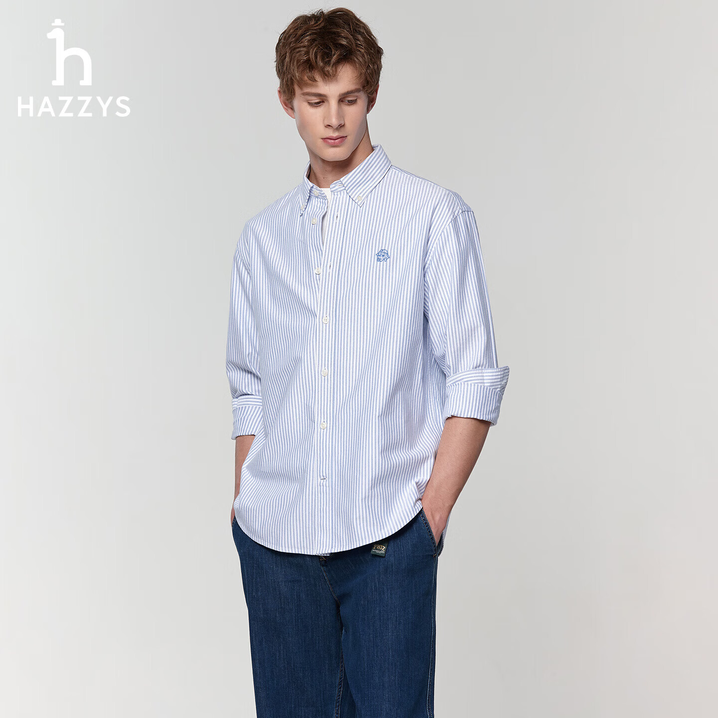 HAZZYS Men's Spring and Autumn Commuter PHIZ Striped Oxford Long Sleeve Shirt
