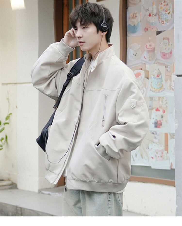 MARK FAIRWHALE Men's Jacket Spring and Autumn Flight Bomber Casual Baseball Coat Beige XL 10