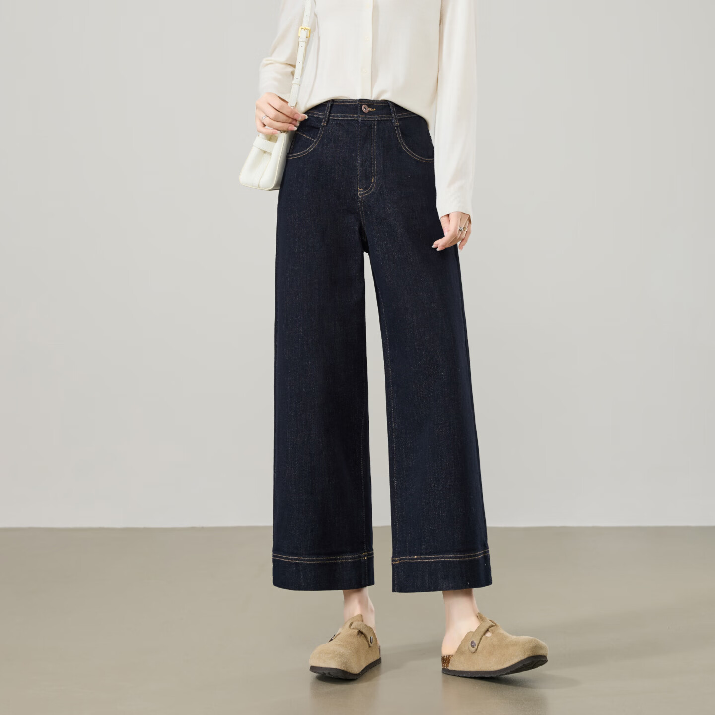 ESE-Y 2026 Spring New Slimming Wide-Leg Cropped Pants for Women, Black Gold, Size 29