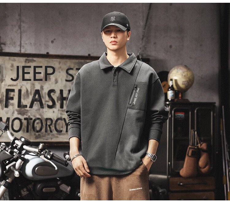 JEEP Men's Heavyweight Long Sleeve Polo Sweatshirt Spring Autumn Black XL 12