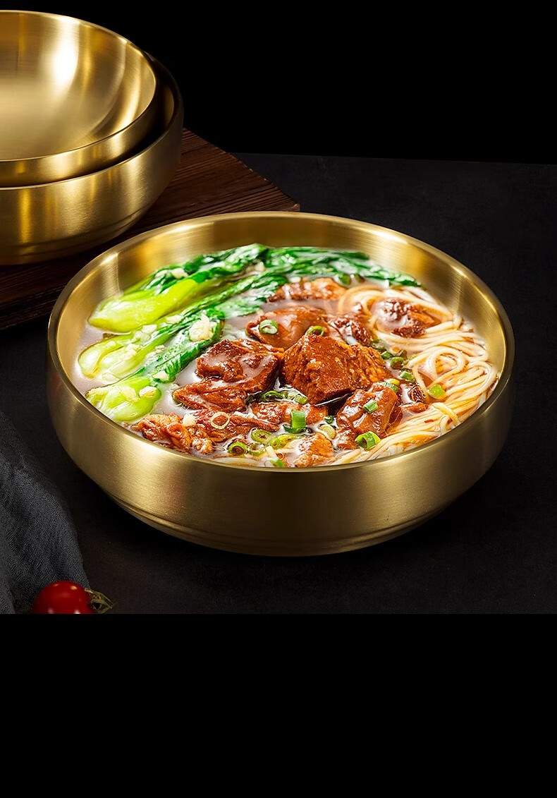 Caitang Thickened Stainless Steel Korean Cold Noodle Bowl Double-Layer Anti-Scald Korean Bibimbap Soup Bowl Gold 21cm Jingcang 10