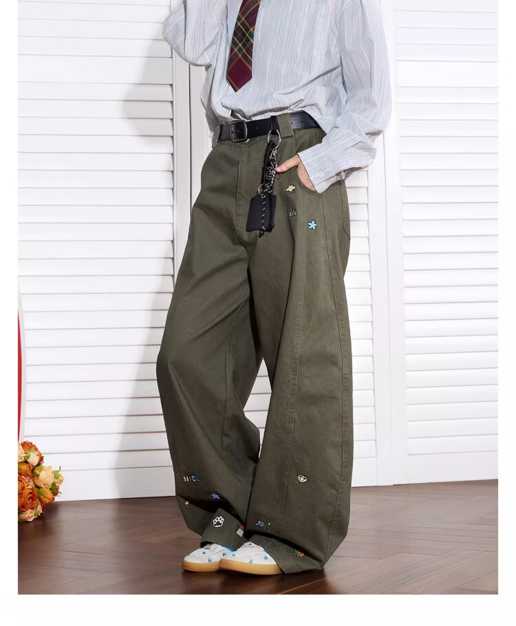 BEETLE TOWN Cartoon Embroidered Casual Pants for Women Spring Autumn 2025 New Loose Wide-Leg Curved Blade Pants Black M 15