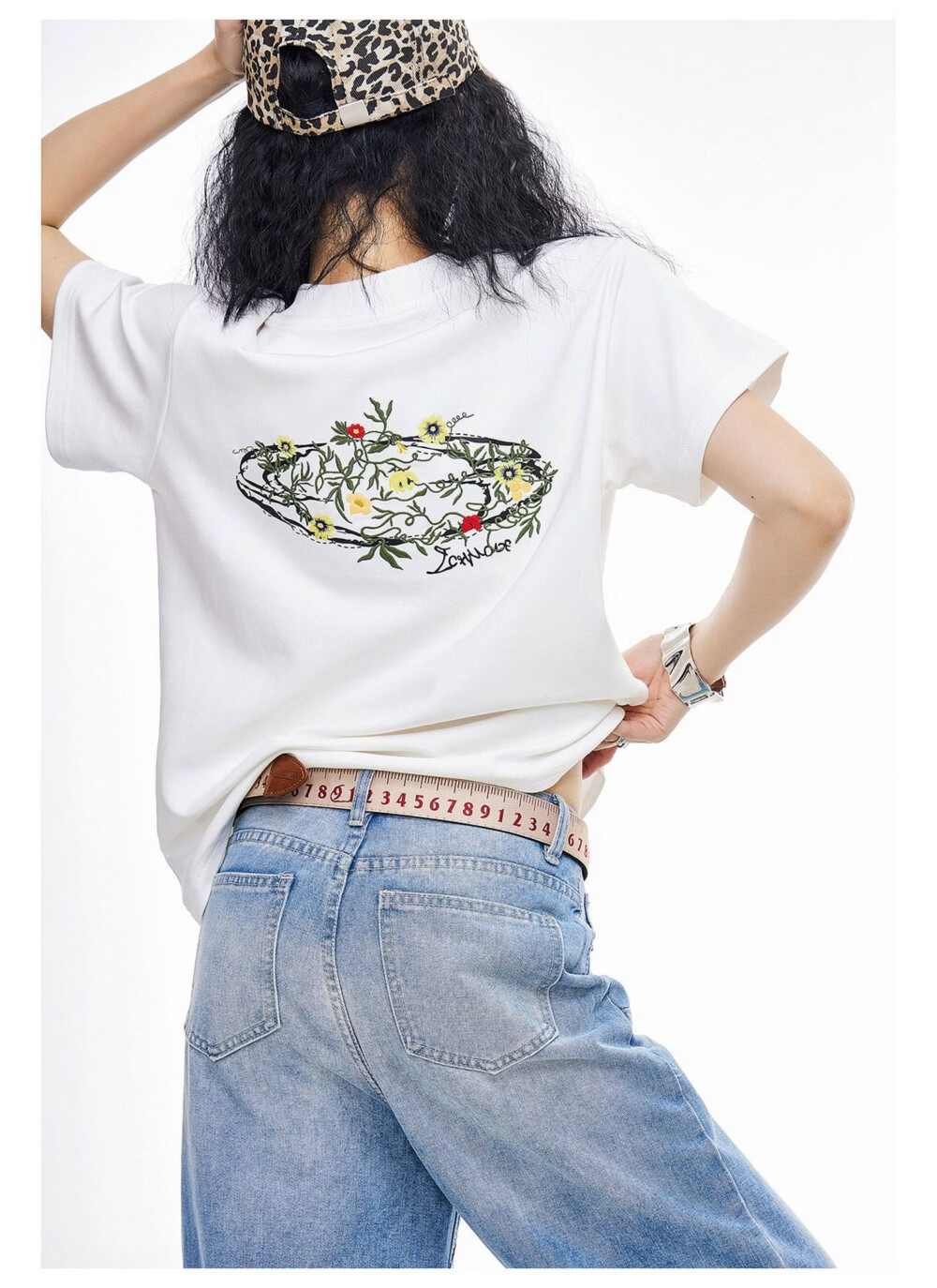 ICH MODE American Style Floral Embroidery Shoulder-Fitting Short Sleeve T-Shirt Women Spring Summer New Slim Fit Half High Neck Half Sleeve Top White S 11