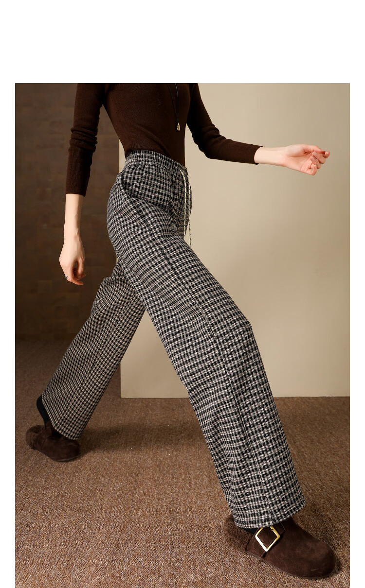 Demana Warm Fleece Lined Series Winter Lazy Style Elastic Waist Drawstring Plaid Straight Leg Petite Women's Casual Pants 12