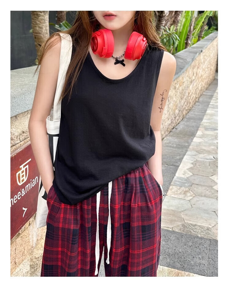 Langsha Women's Spring New Cotton Wide Strap Camisole Loose Sleeveless T-Shirt Top 17