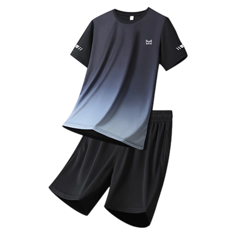 MiiOW Men's Summer Ice Cooling Breathable Crew Neck T-Shirt and Casual Versatile Five-Point Pants Two-Piece Set Black and White L