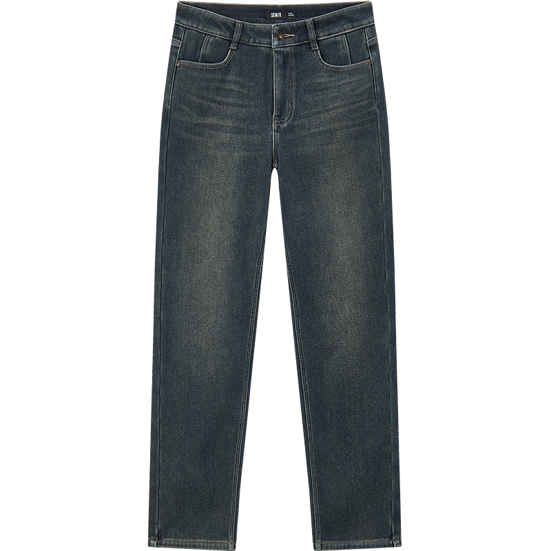 Semir Women's Winter Fleece-Lined Vintage Washed Jeans Ins Trendy Straight-Leg Pants 103724124011