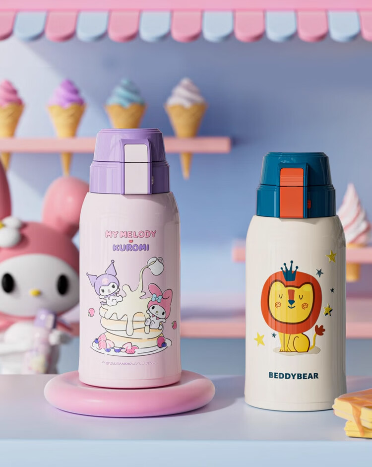 BEDDYBEAR Vintage Double Lid Kids Thermos Bottle with Straw Large Capacity Student Cup 620ML Little Lion 1