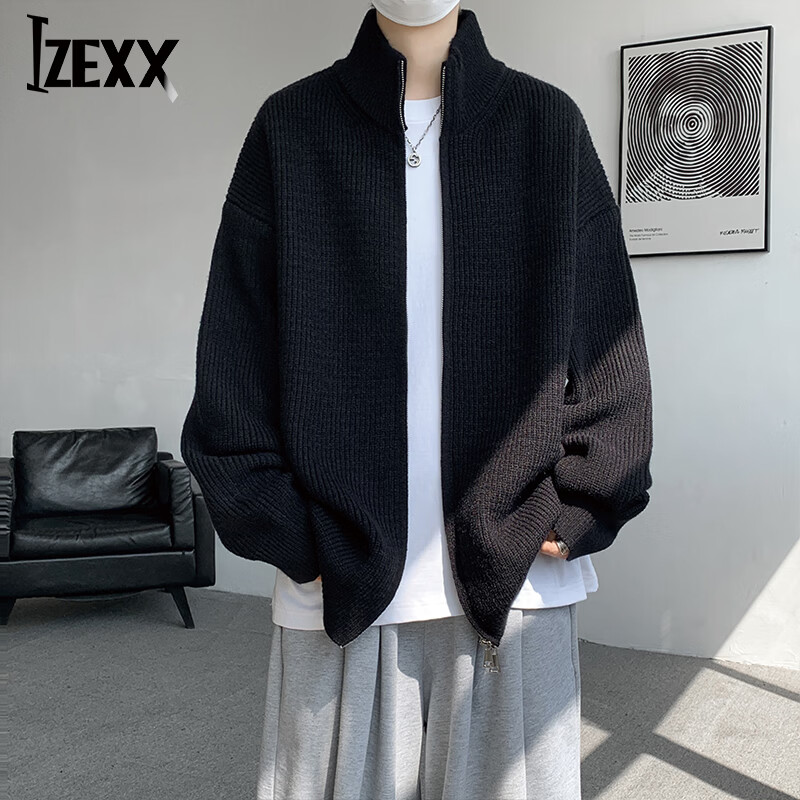 IZEXX Men's Stand Collar Zip-Up Cardigan Sweater Autumn Loose Stylish Versatile Knit Jacket XZ08 Black XL