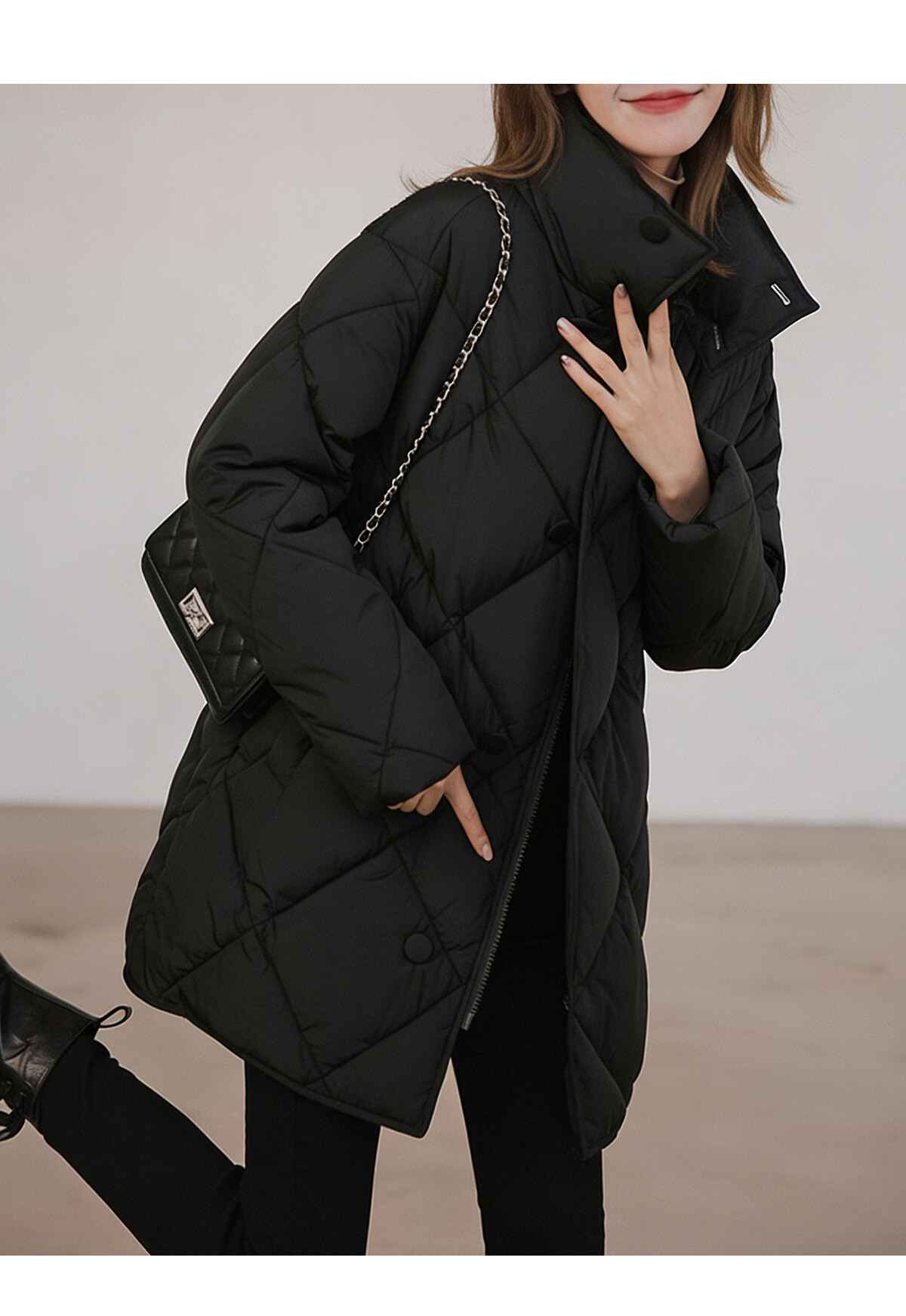 PinCai Women's Quilted Mid-Length Stand Collar Cotton Jacket Winter Windproof Over-the-Knee Coat P144M1010 12