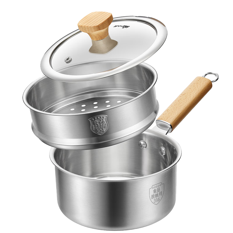 Bear Milk Pot, 316L Stainless Steel Snow Pan, Baby Food Pot, Small Milk Pot, Soup Pot, Noodle Cooking Pot with Steamer Basket