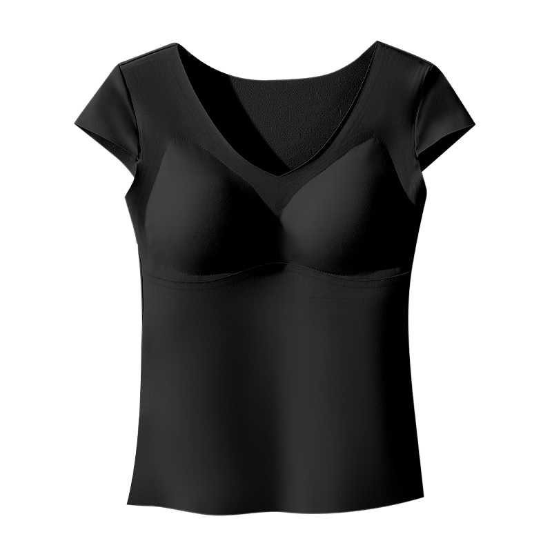 MiiOW Invisible Seamless Thermal Vest for Women with Chest Pad, Bra-Free Integrated Inner Camisole, Small Cap Sleeve, Black, Size L