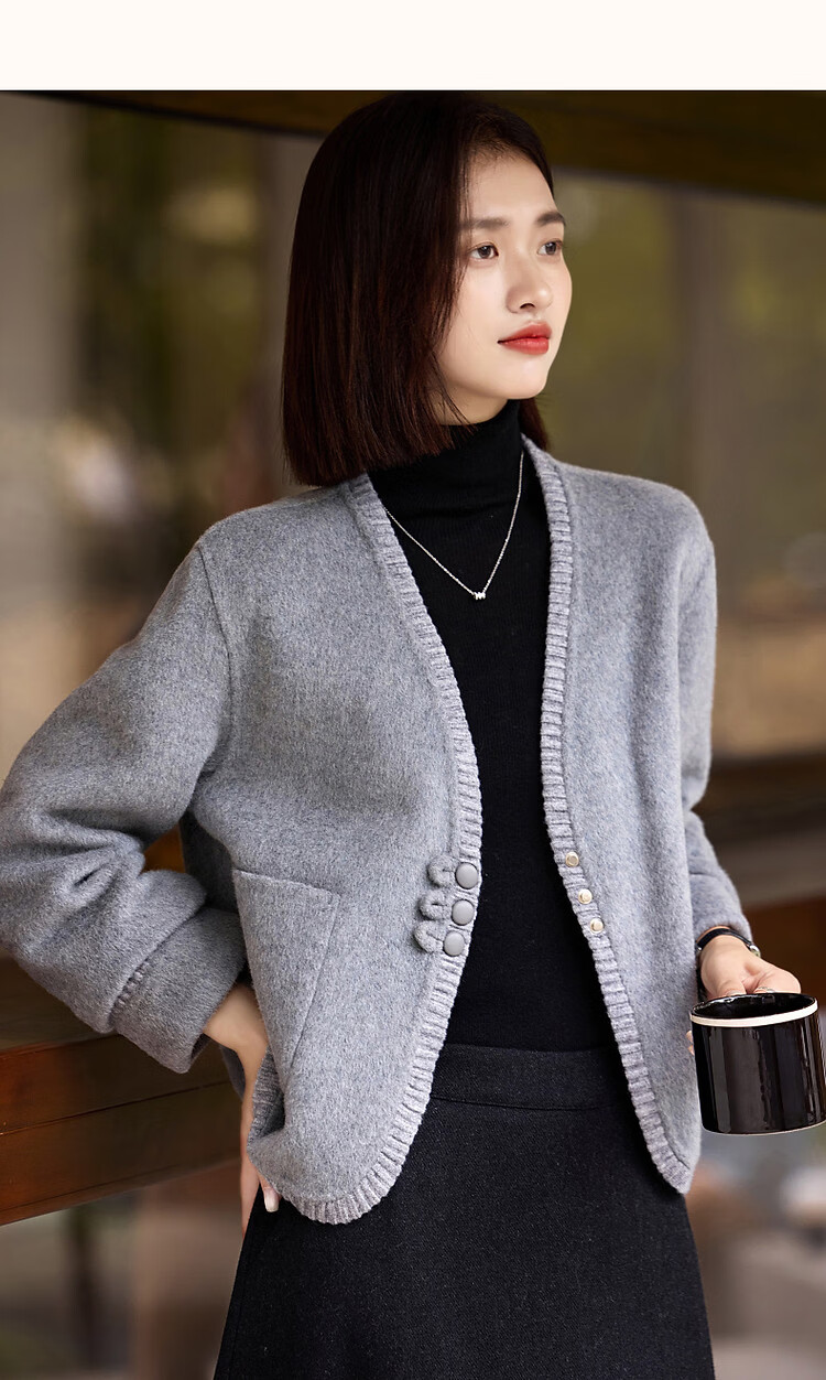 Demana [Double-Sided Wool] Spring Luxury V-Neck Knit Twisted Flower Decorative Patch Pocket Loose Short Women's Coat 18