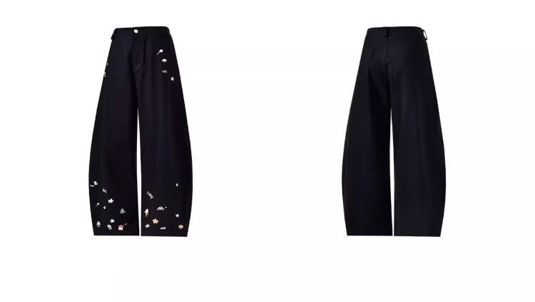 BEETLE TOWN Cartoon Embroidered Casual Pants for Women Spring Autumn 2025 New Loose Wide-Leg Curved Blade Pants Black M 4
