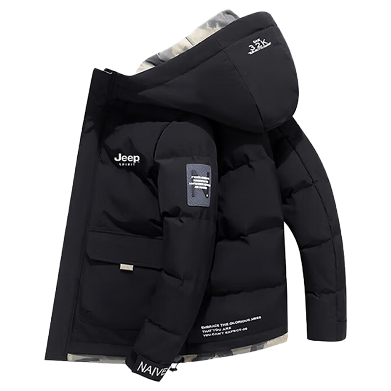 JEEP SPIRIT Men's Cotton Jacket, Autumn And Winter Thickened Coat, Puffer Jacket, Hooded Windproof Warm Casual Versatile Cotton Clothing