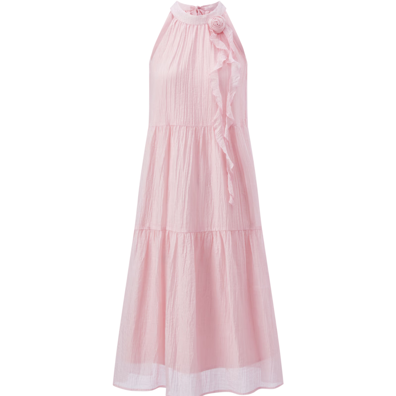 LeTing Camellia Girl Textured Halter Neck Long Dress Vacation Style Ribbon Dress Pink (In Stock) L