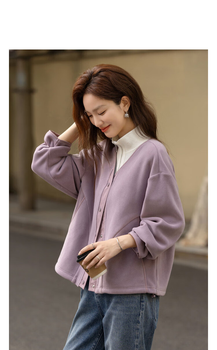 Dme Women's Winter Warm 460G Double-Sided Fleece V-Neck Loose Drawstring Trim Snap Button Coat 13