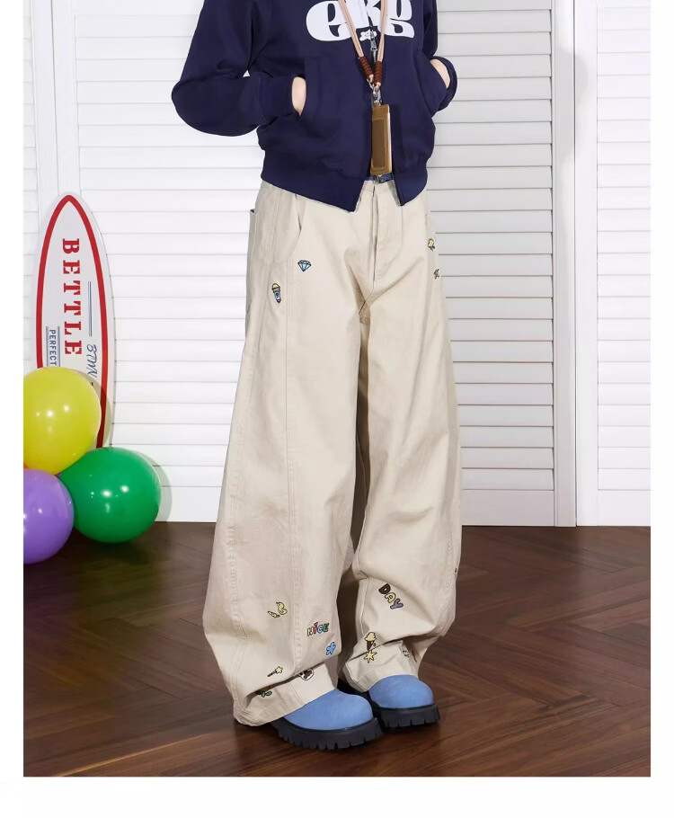 BEETLE TOWN Cartoon Embroidered Casual Pants for Women Spring Autumn 2025 New Loose Wide-Leg Curved Blade Pants Black M 9
