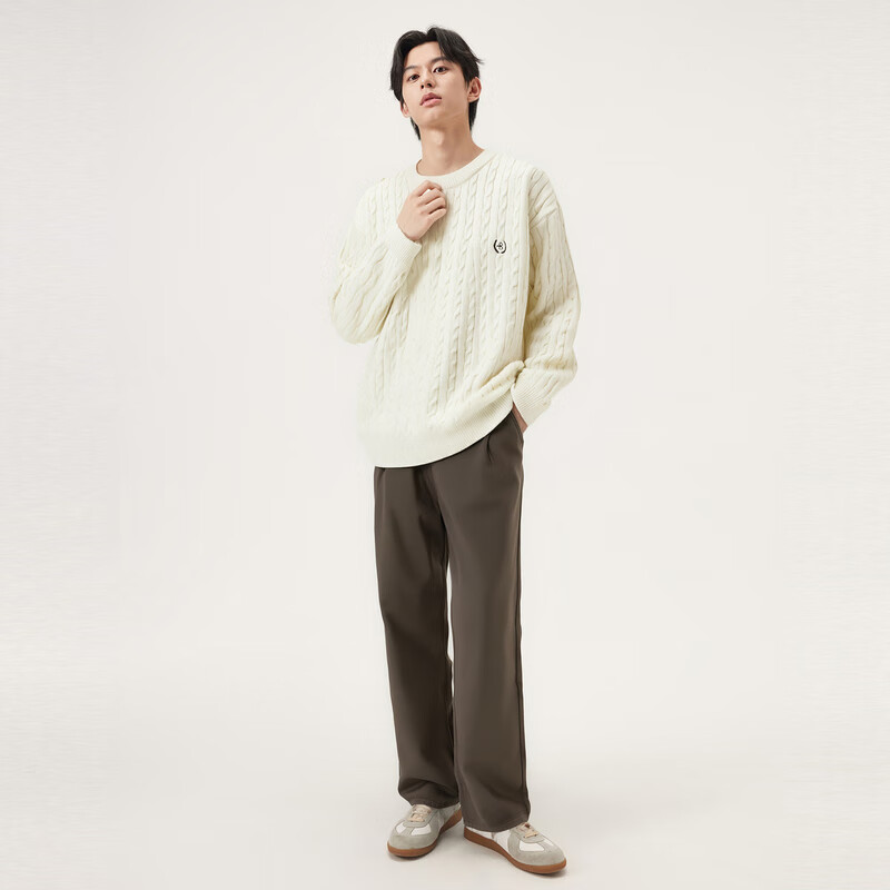 Gxgjeans Men's Embroidered Cable Knit Warm Crew Neck Sweater 2025 Winter New Off-White 190/XXXL