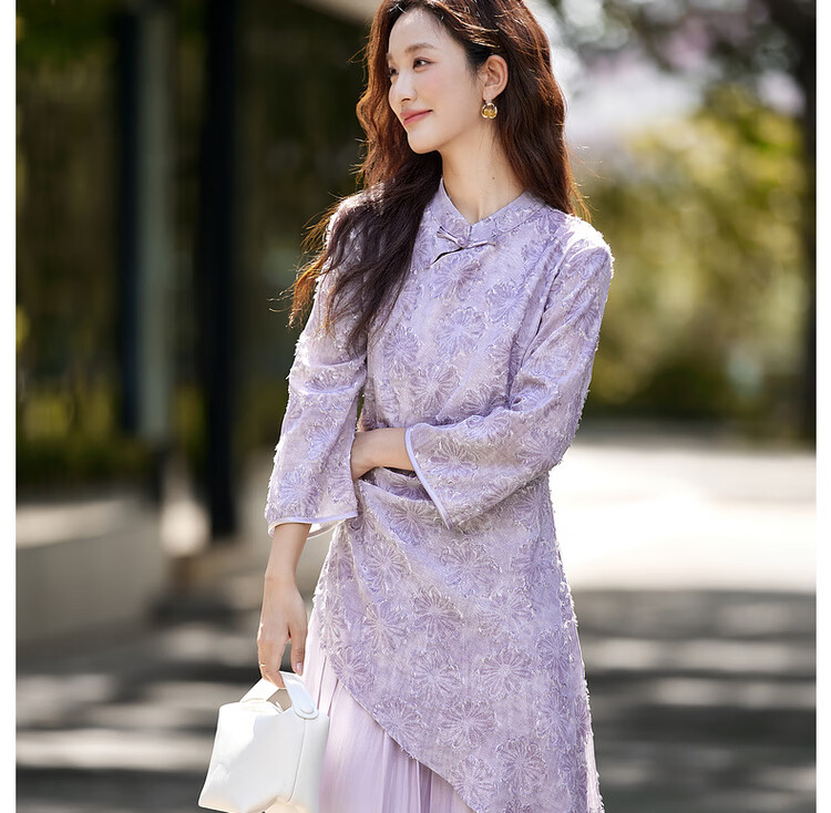 Vimly New Chinese Style Heavy Embroidery Dress Women Autumn New Long Sleeve Improved Qipao Purple M 6