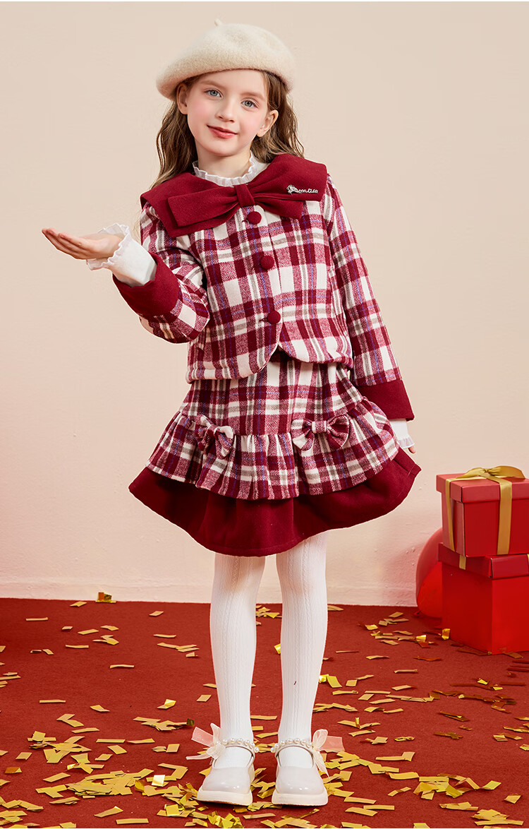 Disney Girls' Warm Set Autumn Spring 2026 New Stylish Children's Red Jacket Pleated Skirt Two-Piece Set 15