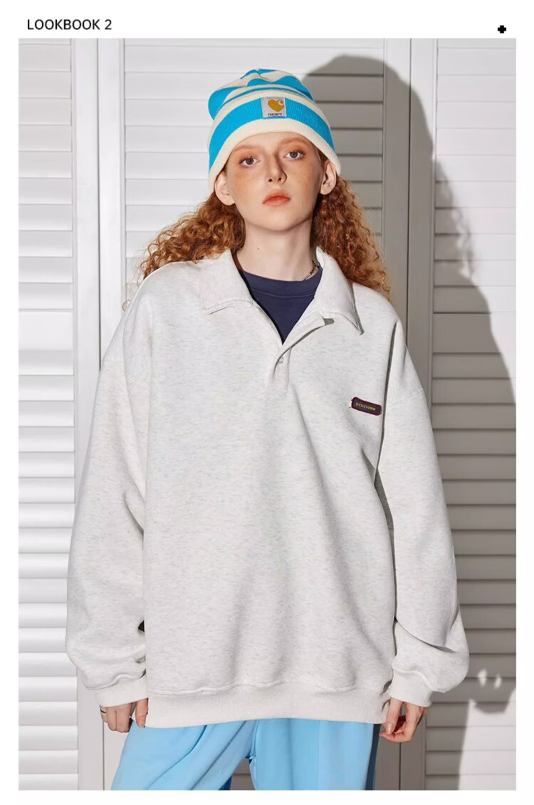 BEETLE TOWN Minimalist Casual Polo Collar Sweatshirt Women Spring New Couple Long Sleeve Collared Jacket Navy Blue S 7