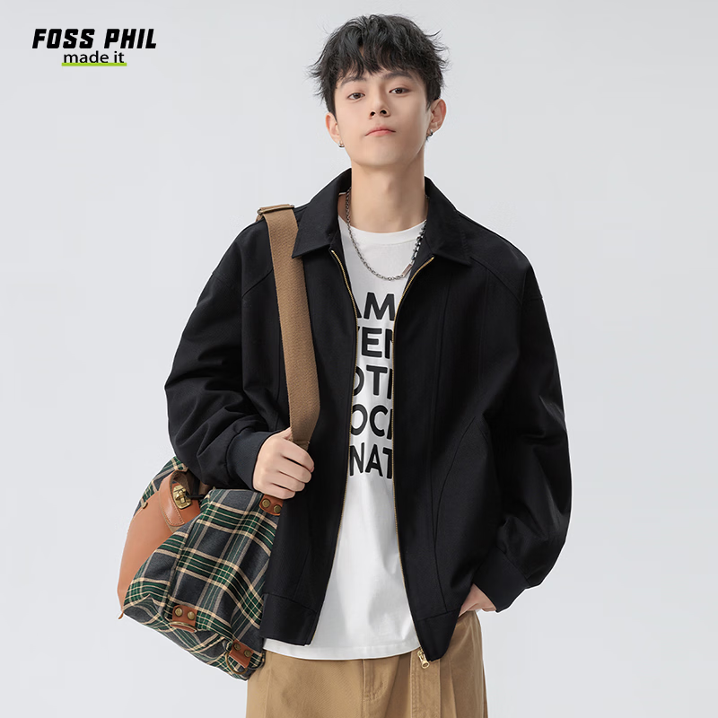 Foss Phil Men's Spring Autumn Casual American Style Loose Workwear Jacket with Turn-down Collar Black M 6768