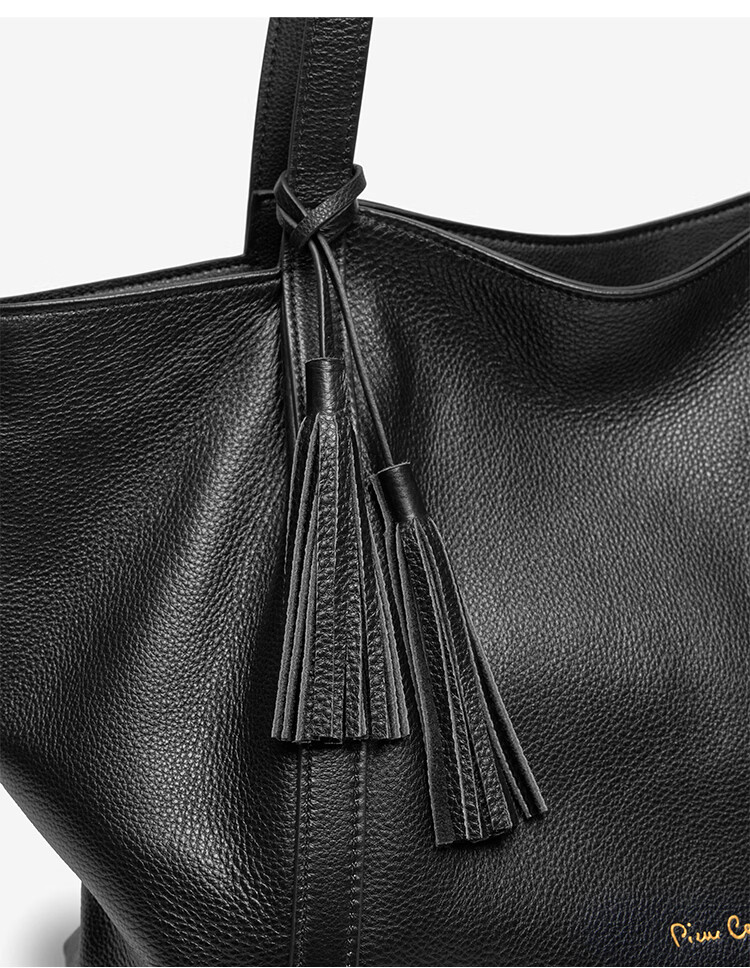 Pierre Cardin Women's Bag 2026 New First Layer Cowhide Large Capacity Commuter Tote Bag Women's Day Gift Black Gift Box Set 12