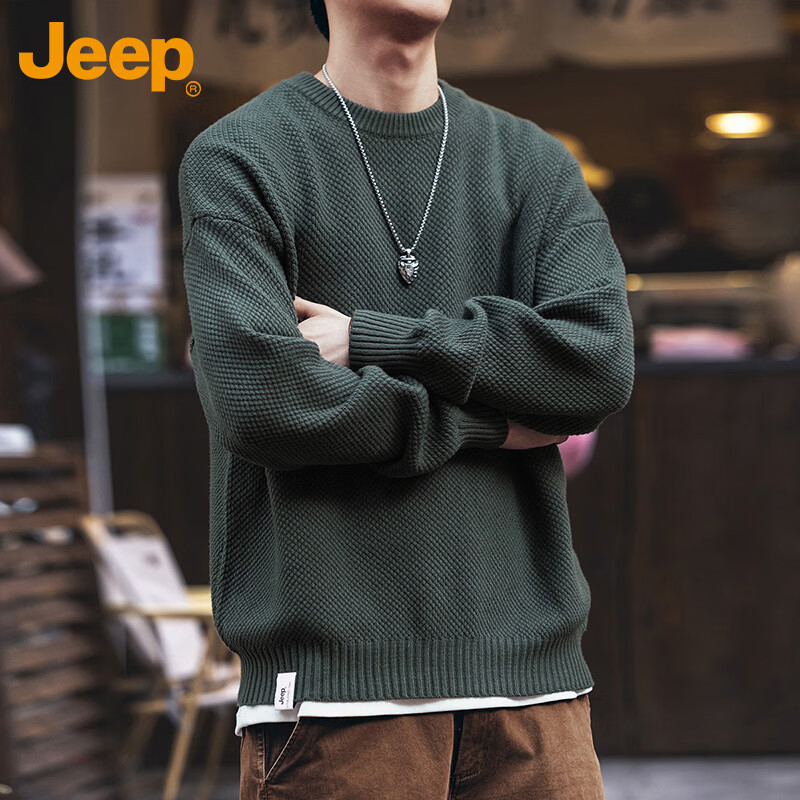 JEEP Men's Winter Loose Fit Crew Neck Premium Knit Sweater Inner Layer Military Green L