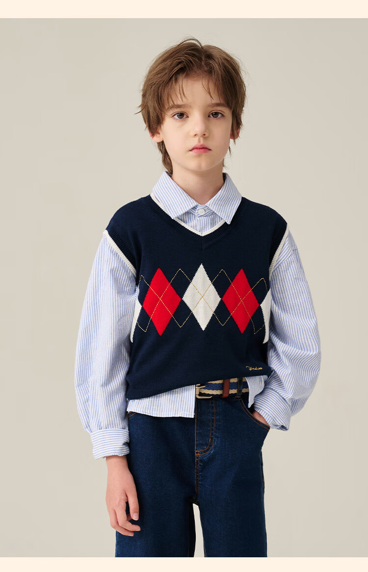 YEEHOO Boys' Vest Children's Knitted Wool Blend Pullover Sweater Spring Blue 130 12