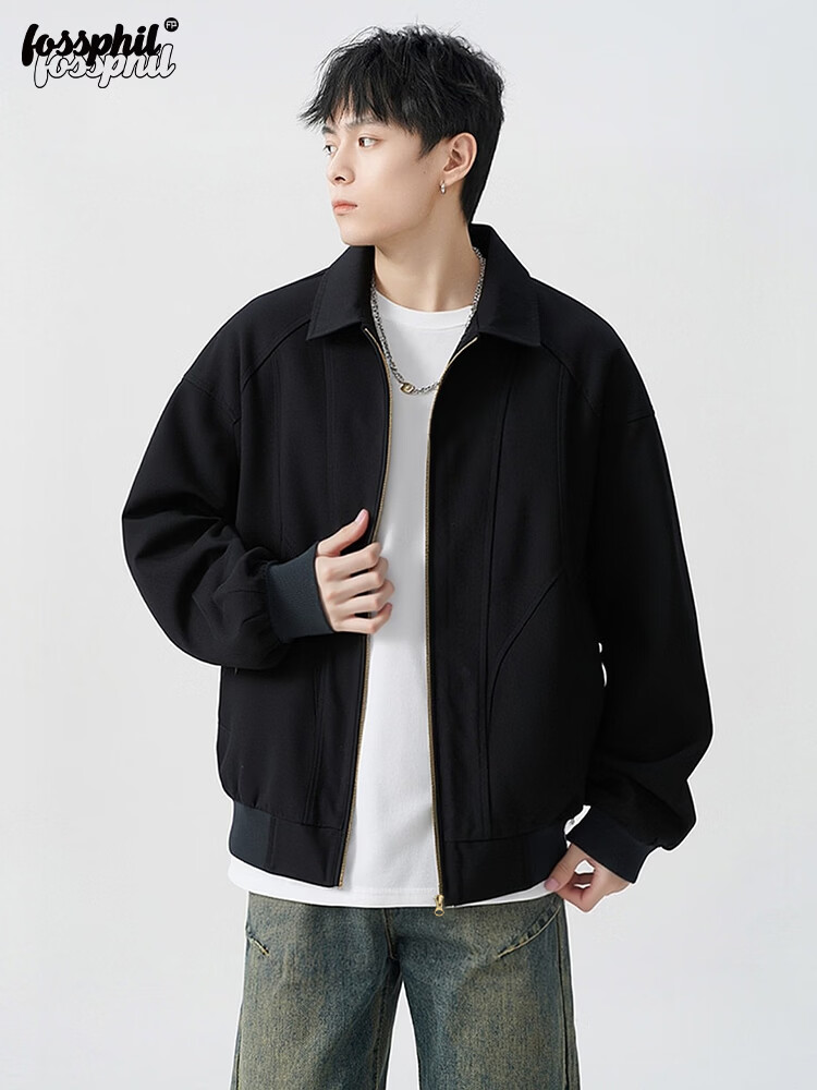 Foss Phil Men's Spring Autumn Casual American Style Loose Workwear Jacket with Turn-down Collar Black M 6768 1