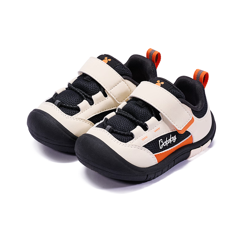BOBDOG Toddler Baby First Walking Shoes 26 Spring New Boys Girls Soft Sole Non-Slip Functional Shoes Milk White/Black/Orange Size 24