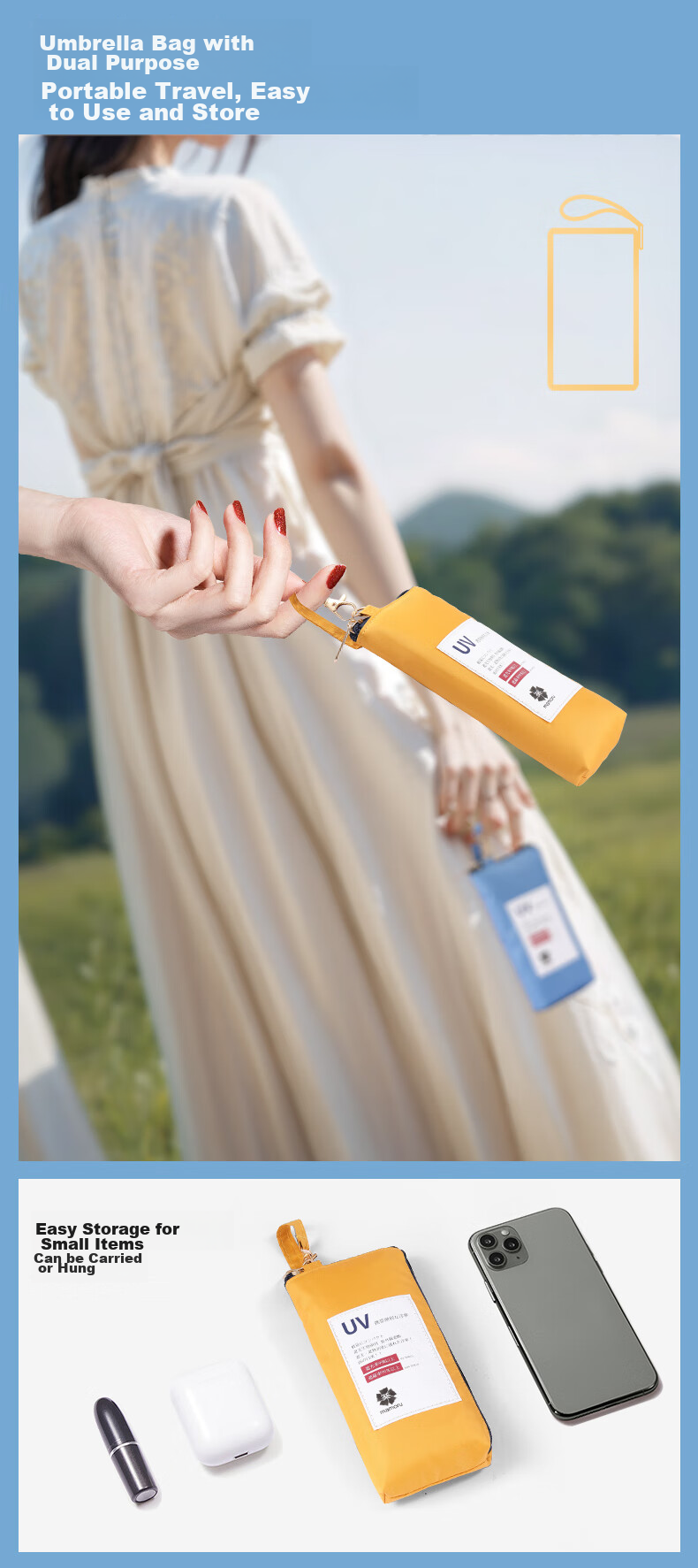 MAMORU UV Protection Sun And Rain Umbrella, Six-Fold Colored EVA Sunscreen Umbrella, Portable Handbag Version, Orange, 14.5cm 8