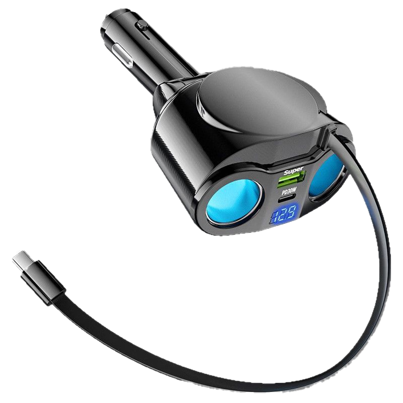 Kylie 120W Super Fast Car Charger with Retractable Cable, Hidden Dual Cigarette Lighter Ports, K228 Five-in-One Car Charger