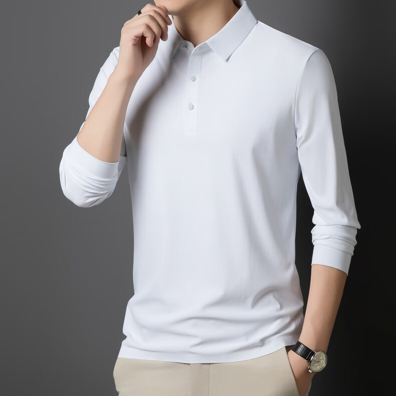Hodo Men's Long Sleeve T-Shirt Summer Ice Silk Polo Shirt Wrinkle-Resistant Breathable Casual Top White M 24