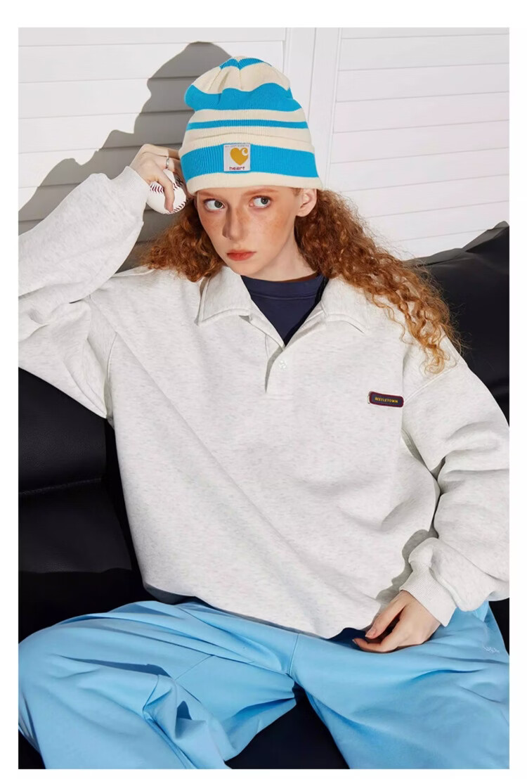 BEETLE TOWN Minimalist Casual Polo Collar Sweatshirt Women Spring New Couple Long Sleeve Collared Jacket Navy Blue S 9