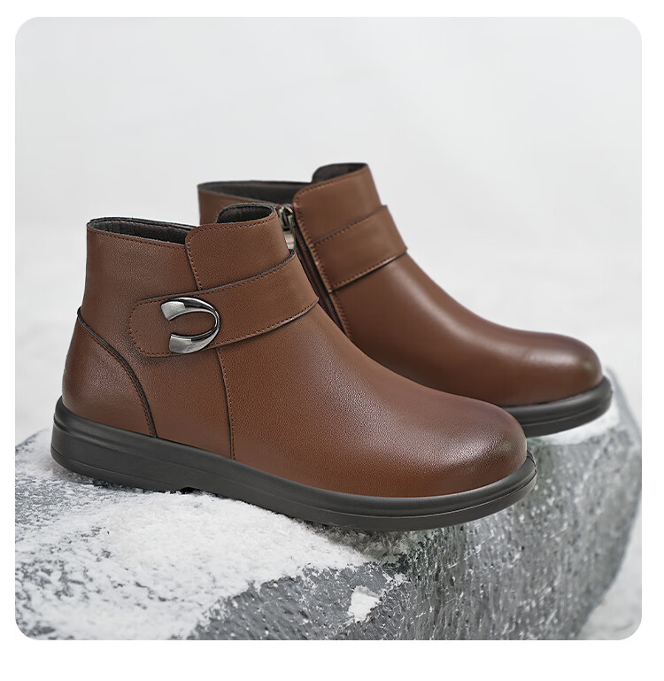 Zulijian Winter Fleece-Lined Women's Warm Leather Boots Mid-Aged Cotton Leather Short Boots Black 35 6283K 12