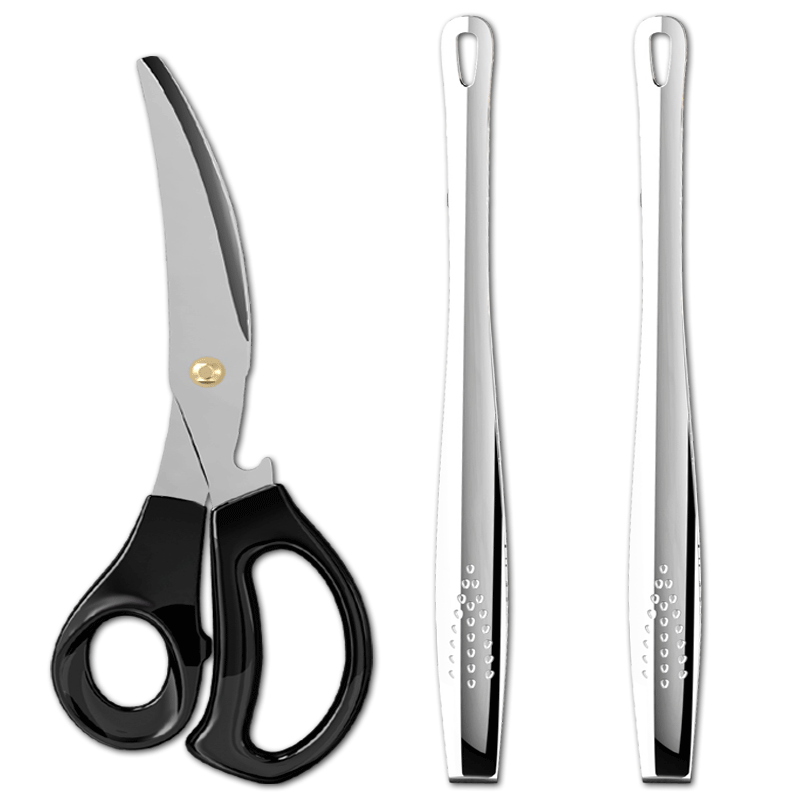 Weijian 3-Piece Stainless Steel Barbecue Tongs, Steak And Meat Scissors, Kitchen Food Equipment Set