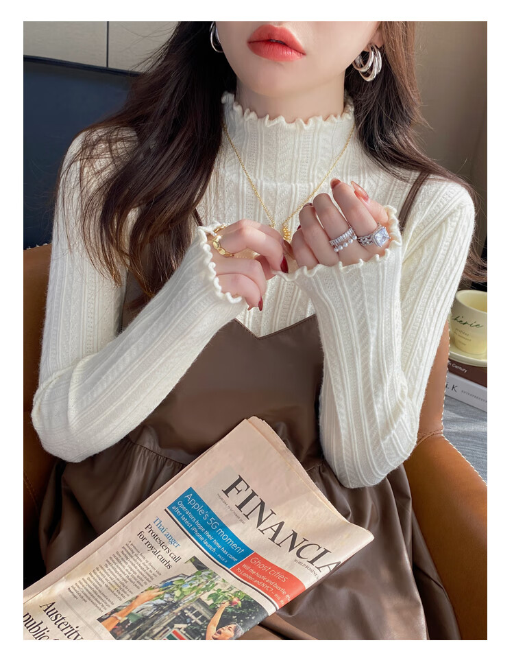 Caramella Women's 38 Goddess Festival Gift Semi-Turtleneck Ruffled Jacquard Long-Sleeve T-Shirt Spring Autumn 7