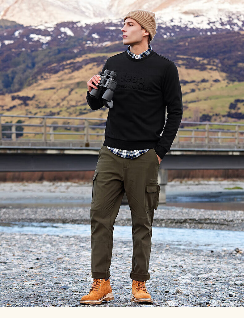 Jeep Men's Autumn Winter Thickened Warm Long Sleeve T-Shirt Outdoor Casual Loose Pullover Base Shirt 4344 8